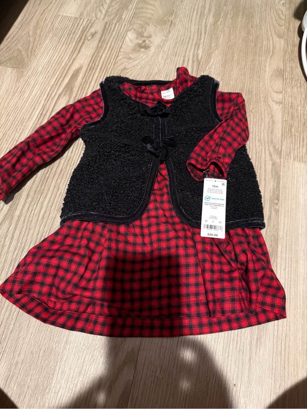 Red Black Buffalo Plaid Dress with Black Sherpa Vest